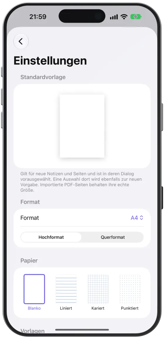 Die Einstellungen mit Vorschau der Standardvorlage, Format, Ausrichtung, Papier und Vorlagen.