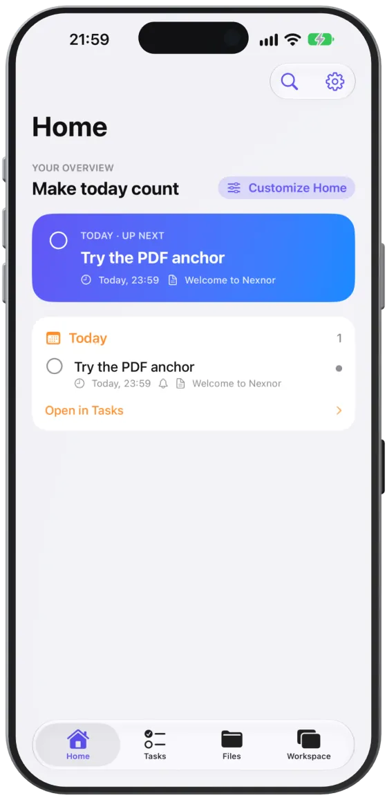 The sample data after first launch: the PDF “Welcome to Nexnor” and the task “Try the PDF anchor”.
