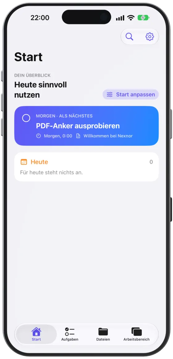 Die Beispieldaten nach dem ersten Start: das PDF „Willkommen bei Nexnor“ und die Aufgabe „PDF-Anker ausprobieren“.