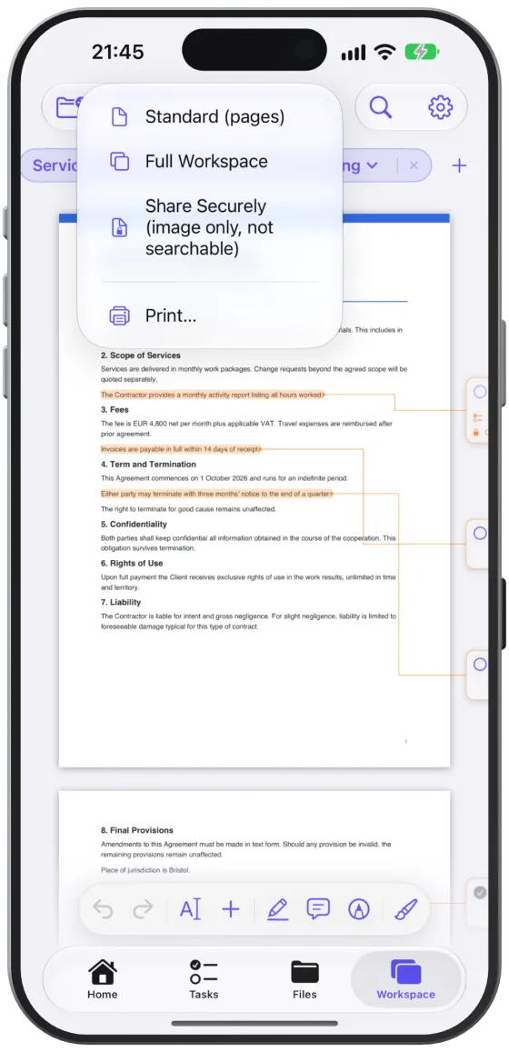 The “Share” menu with the three export modes and “Print…”.