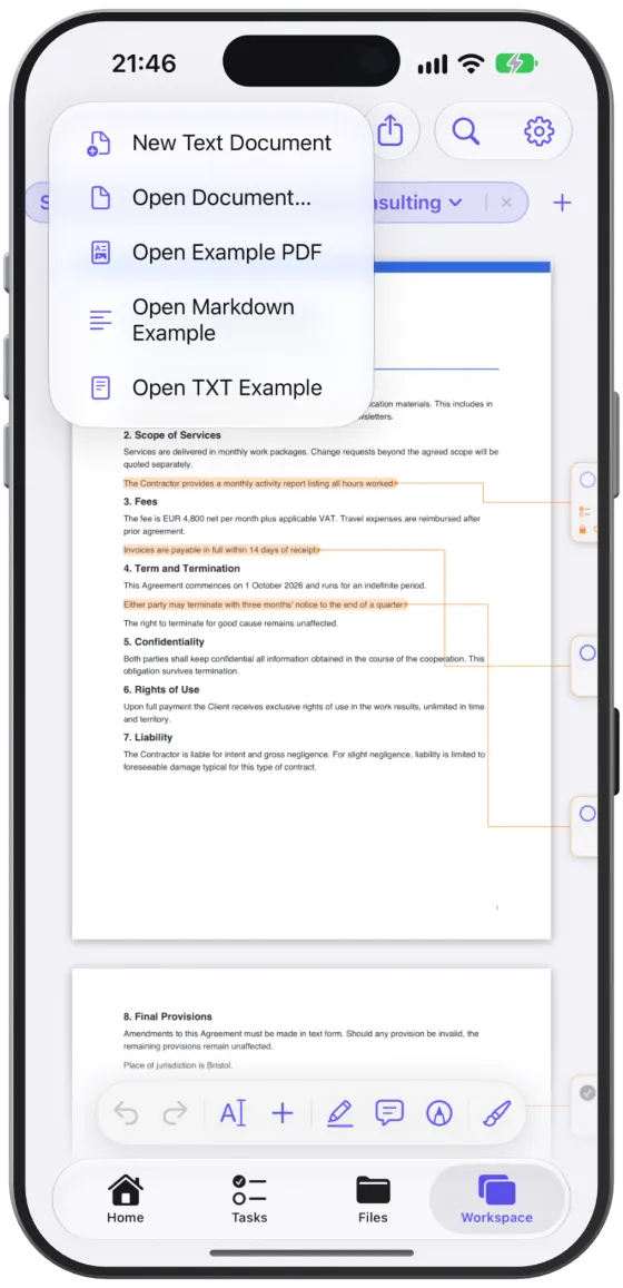 The menu behind the folder icon with “Open Document…” and the examples.