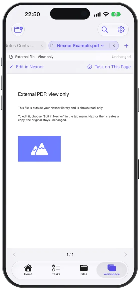 An external PDF opened for reading, with “Edit in Nexnor” and “Task on This Page”.