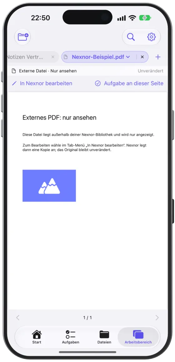 Ein externes PDF in der Leseansicht mit „In Nexnor bearbeiten“ und „Aufgabe an dieser Seite“.