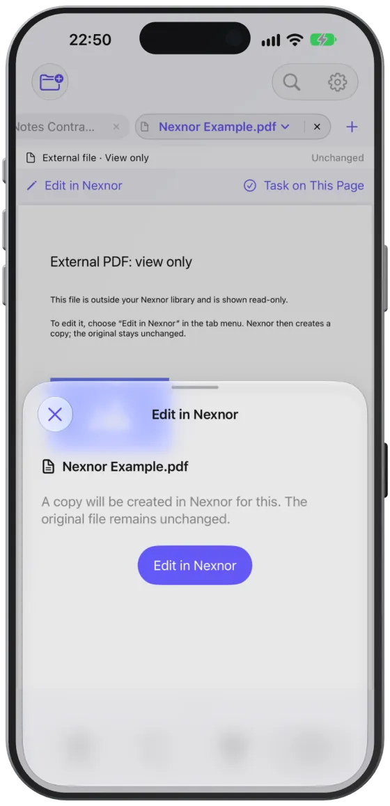 The “Edit in Nexnor” sheet: Nexnor creates a copy and the original file stays unchanged.