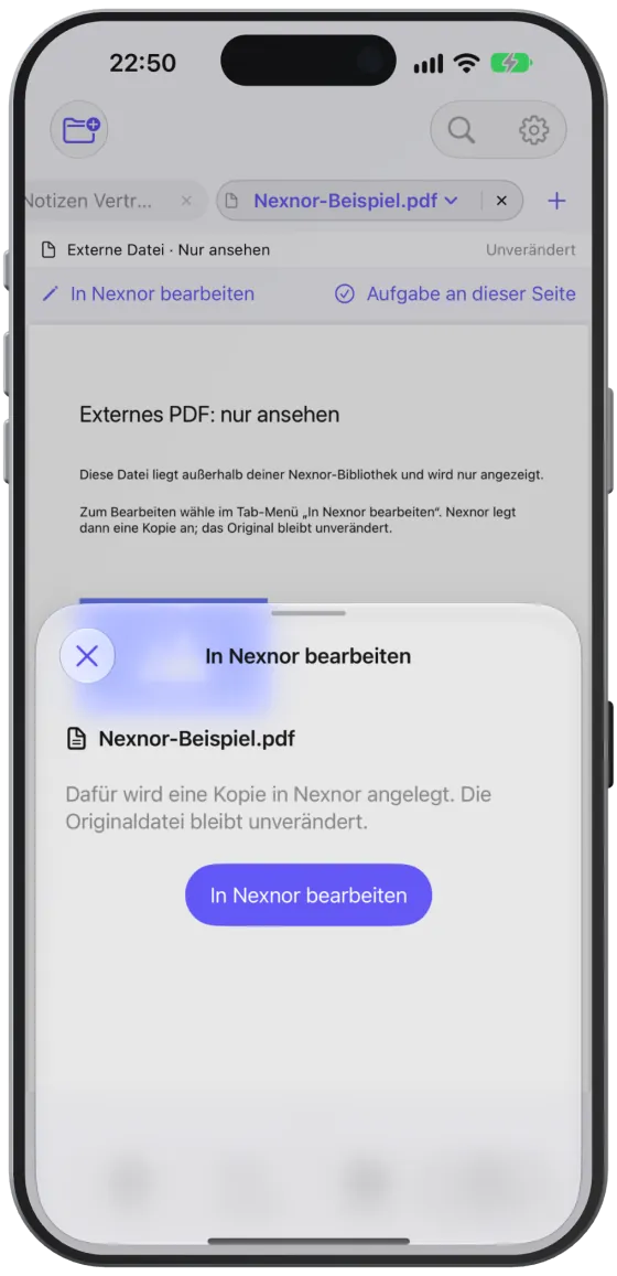 Das Blatt „In Nexnor bearbeiten“: Nexnor legt eine Kopie an, die Originaldatei bleibt unverändert.