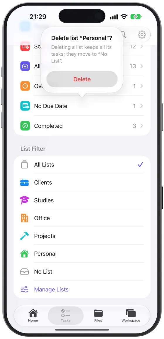 The prompt when deleting a list.