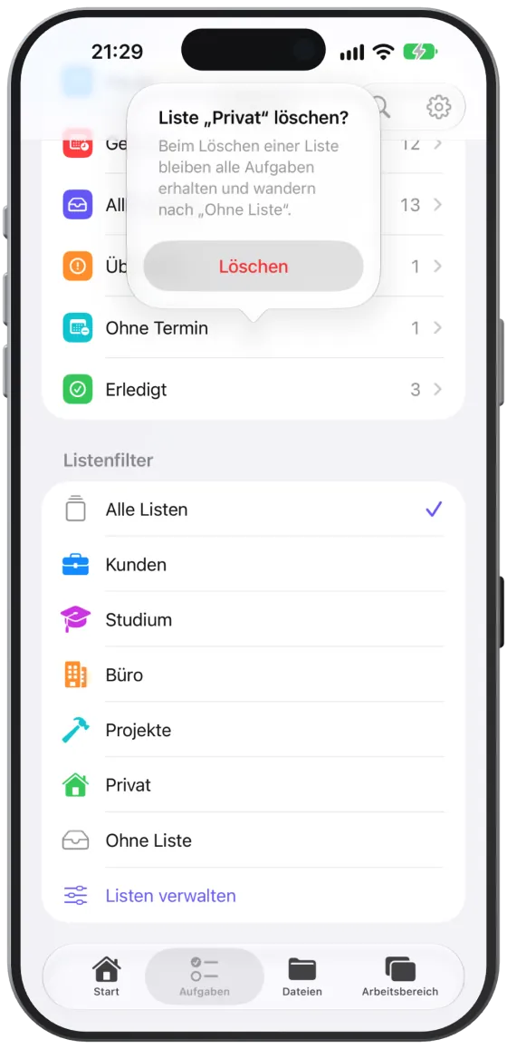 Die Rückfrage beim Löschen der Liste „Privat“.