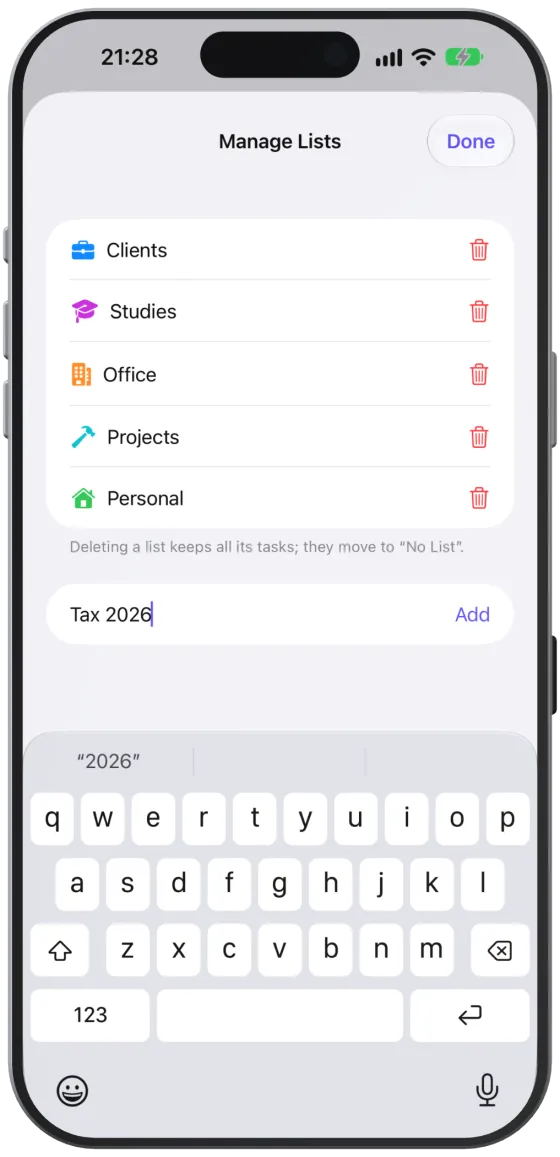 Adding a list: enter a name in “New List” and tap “Add”.