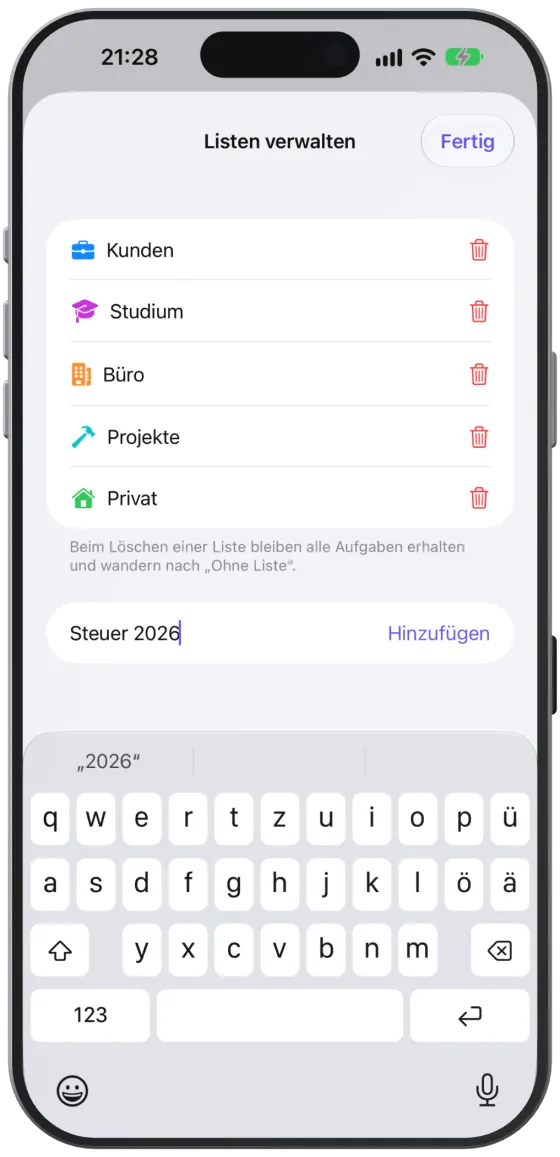 Neue Liste anlegen: Namen in „Neue Liste“ eingeben und „Hinzufügen“ tippen.