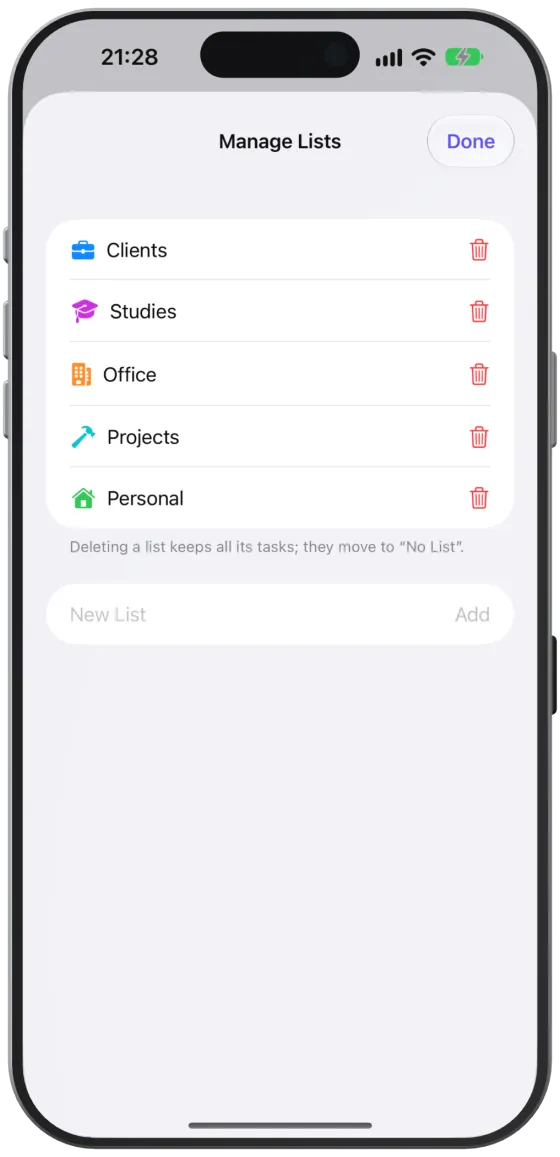 The “Manage Lists” sheet with all your lists, trash buttons and the “New List” field.