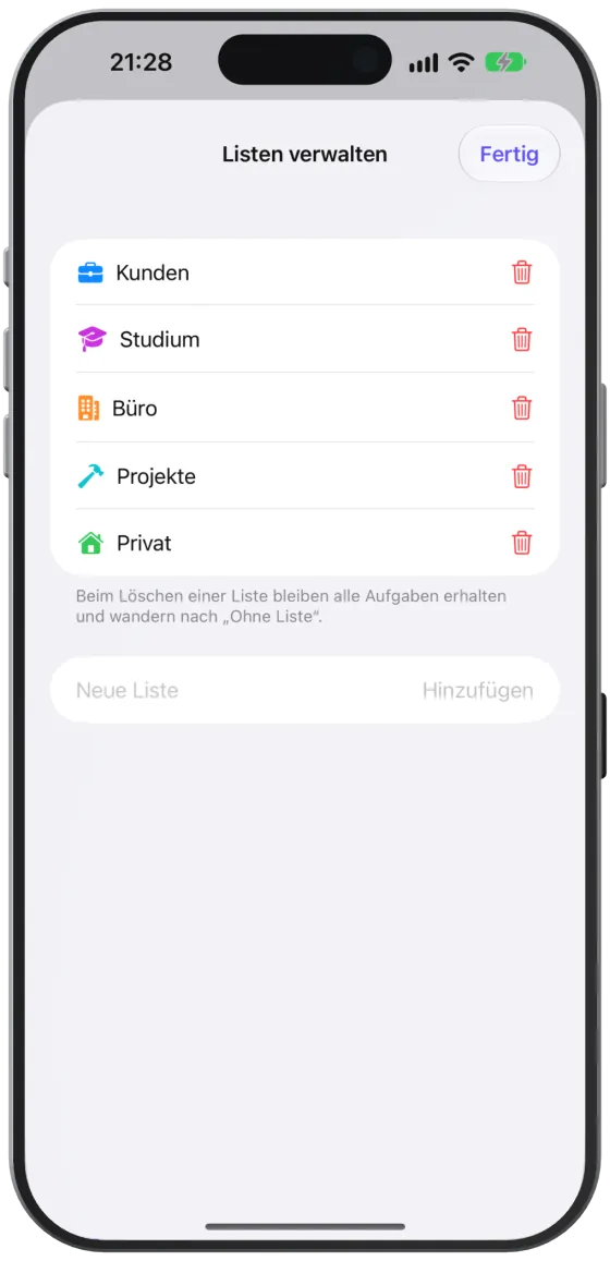 Das Blatt „Listen verwalten“ mit allen eigenen Listen, Papierkorb-Knöpfen und dem Feld „Neue Liste“.