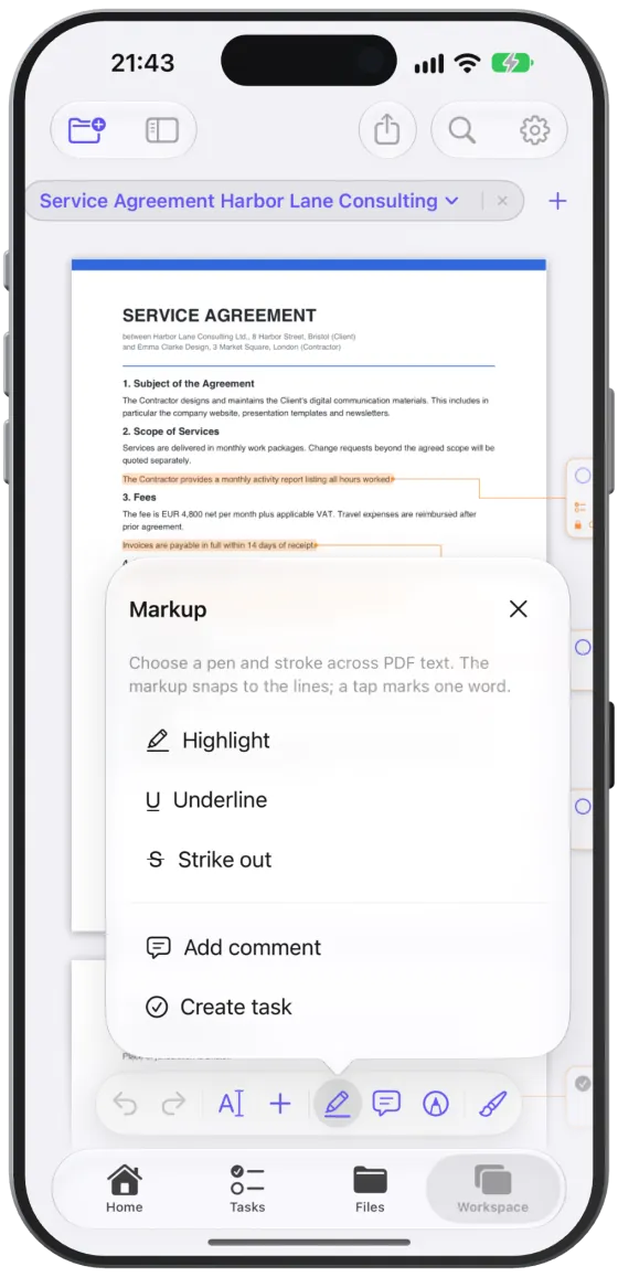 The “Markup” menu with the Highlight, Underline and Strike out pens.