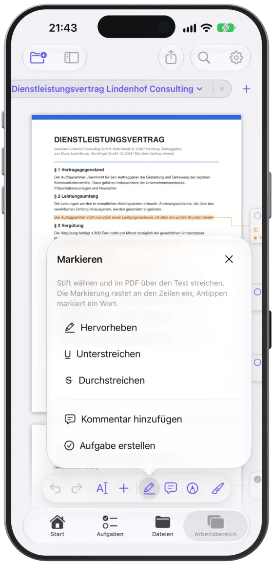 Das Menü „Markieren“ mit den Stiften Hervorheben, Unterstreichen und Durchstreichen.