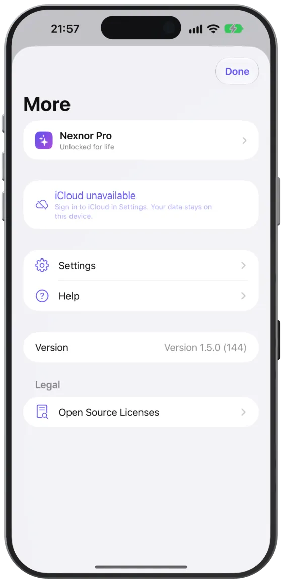 The iCloud sync row in “More” with Nexnor Pro.