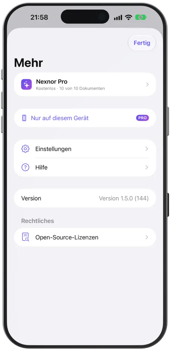 Ohne Pro zeigt „Mehr“ „Nur auf diesem Gerät“ mit dem Abzeichen „PRO“.