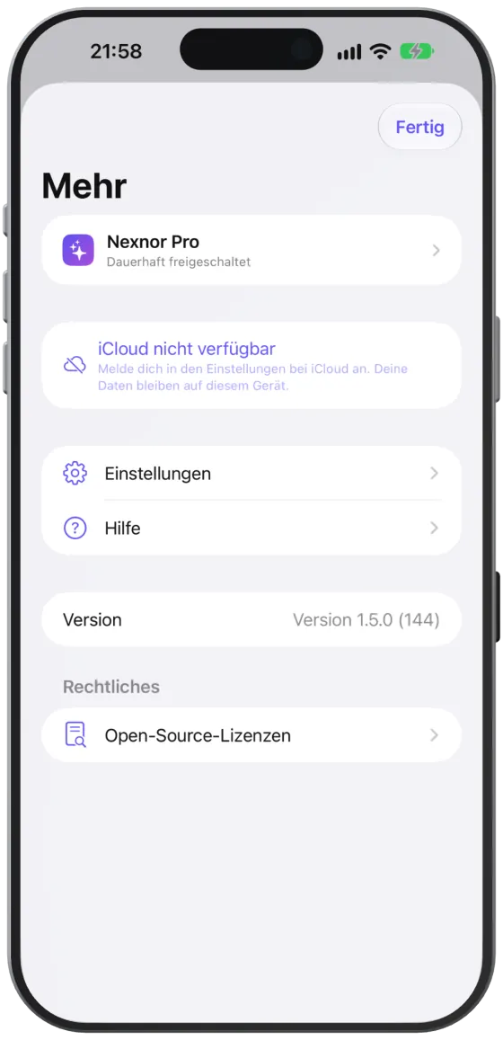 Die Zeile für den iCloud-Sync in „Mehr“ mit Nexnor Pro.
