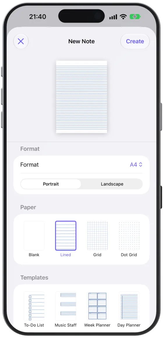 The page setup for a new note with preview and lined paper.