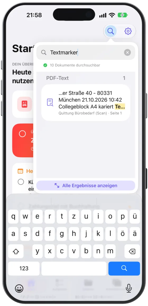 Ein Treffer aus dem erkannten Text einer gescannten Seite in der Suche.