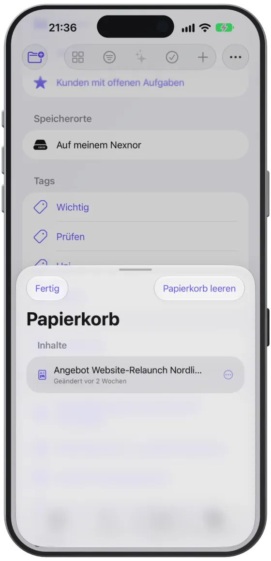 Der Papierkorb mit gelöschten Ordnern und Dateien.