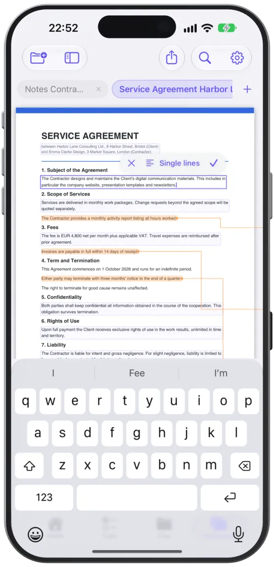 The paragraph editor over a PDF paragraph with re-flowed text.