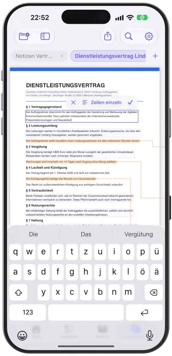 Der Absatz-Editor über einem PDF-Absatz mit neu umbrochenem Text.