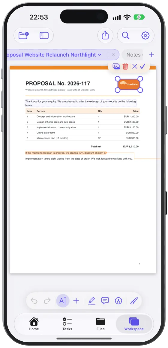 A selected image on a PDF page with corner handles and the buttons to replace and remove it.