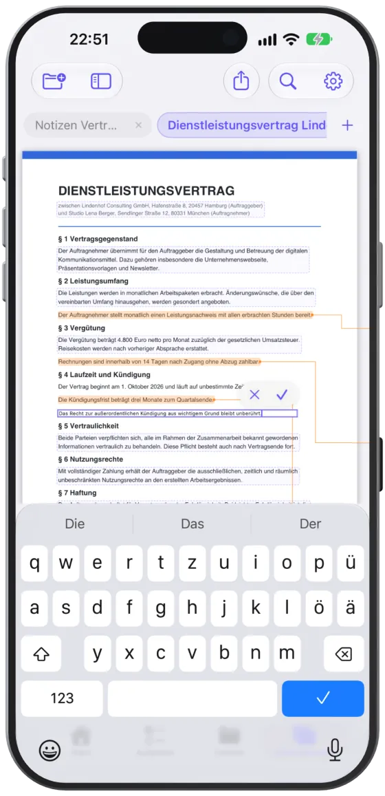 Eine PDF-Zeile im Eingabefeld mit den Knöpfen zum Abbrechen und Übernehmen.