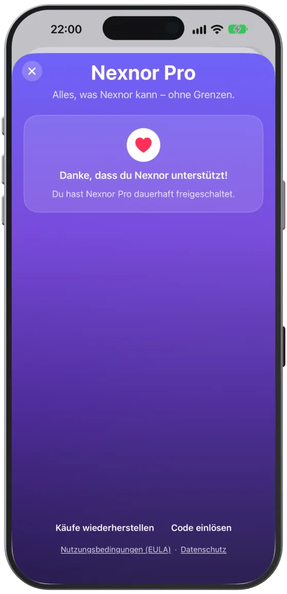 Die Dankeskarte bei aktivem Nexnor Pro mit „Abo verwalten“.