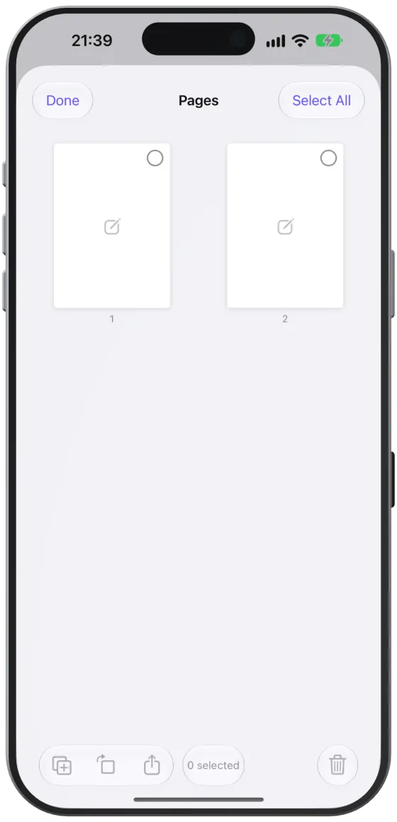 The menu of a page thumbnail in the sidebar with new pages, rotate and delete.