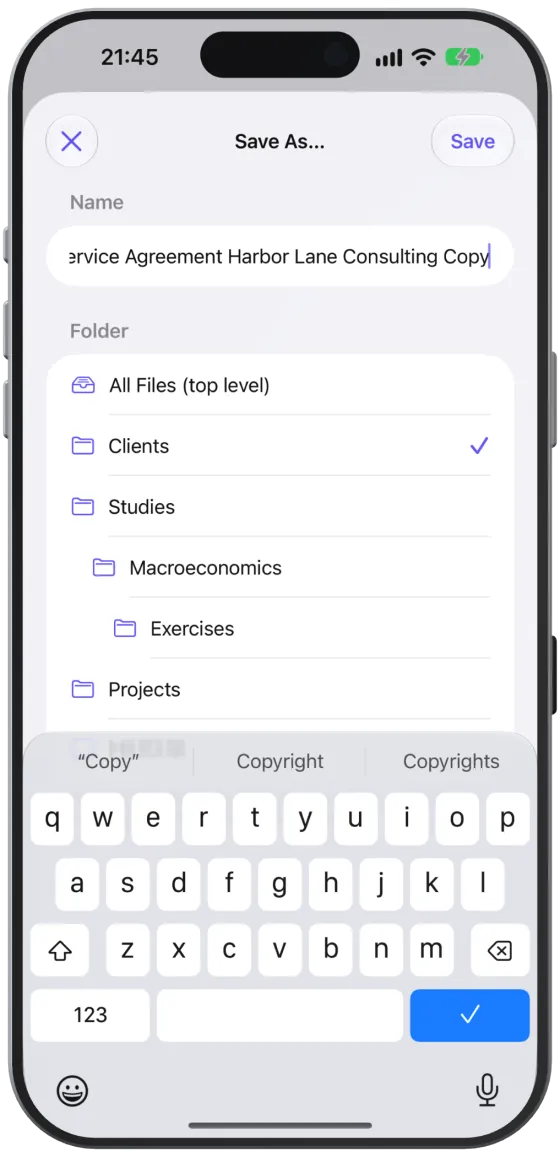 The “Save As…” sheet with name and folder selection.