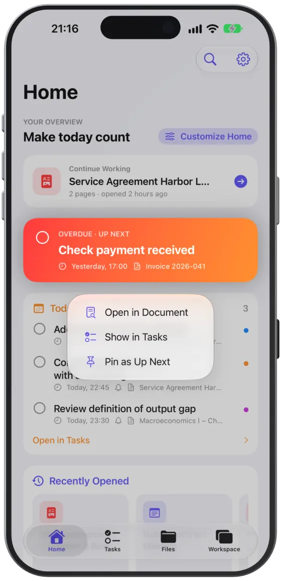 The “Up Next” card menu with “Open in Document”, “Show in Tasks” and “Pin as Up Next”.