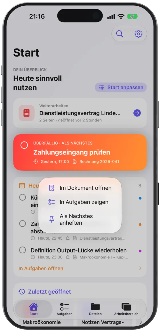 Das Menü der Karte „Als Nächstes“ mit „Im Dokument öffnen“, „In Aufgaben zeigen“ und „Als Nächstes anheften“.