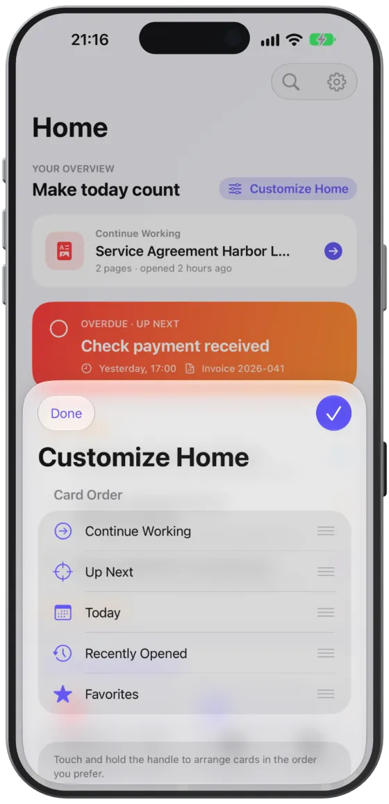 “Customize Home” with the card order.