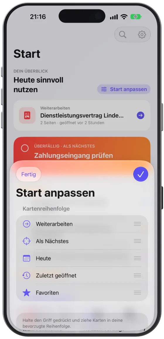 „Start anpassen“ mit der Kartenreihenfolge.