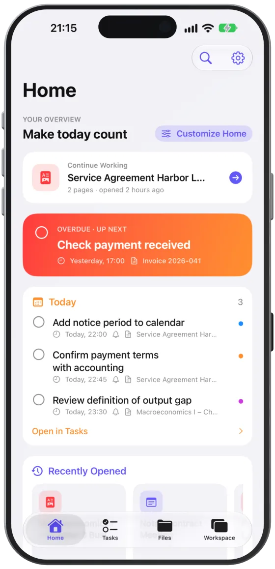 “Home” with the “Up Next”, “Today”, “Continue Working”, “Recently Opened” and “Favorites” cards.