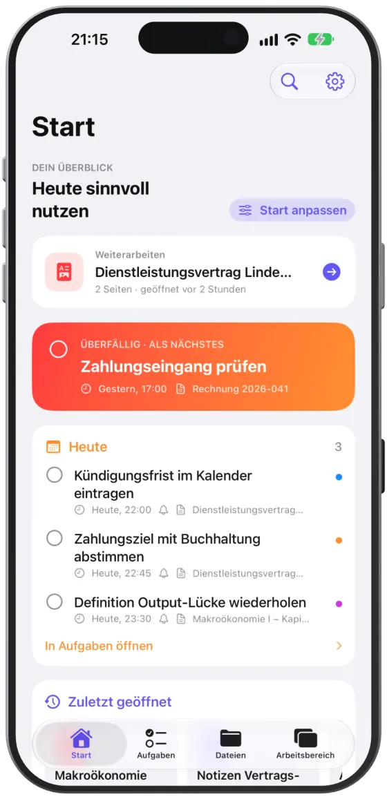 „Start“ mit den Karten „Als Nächstes“, „Heute“, „Weiterarbeiten“, „Zuletzt geöffnet“ und „Favoriten“.