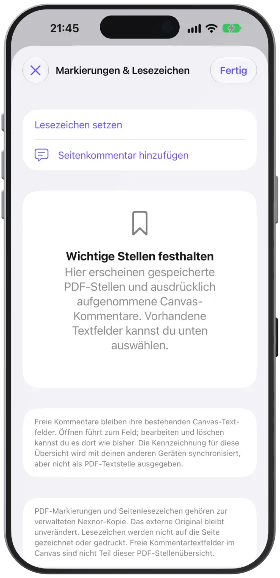 Die Liste „Markierungen & Lesezeichen“ eines Vertrags mit Filter und gespeicherten Stellen.