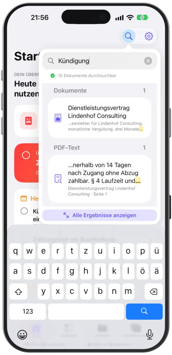 Die Suchblase unter der Lupe mit einer Vorschau der Treffer.