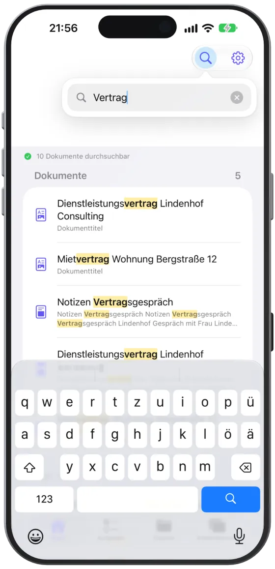 Die vollständige Trefferliste mit Kategorien und gelb hervorgehobenen Suchwörtern.