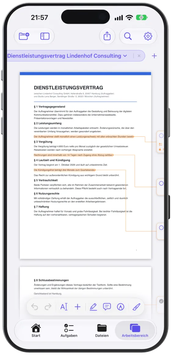 Ein geöffneter PDF-Treffer mit gelb hervorgehobenen Suchwörtern auf der Seite.