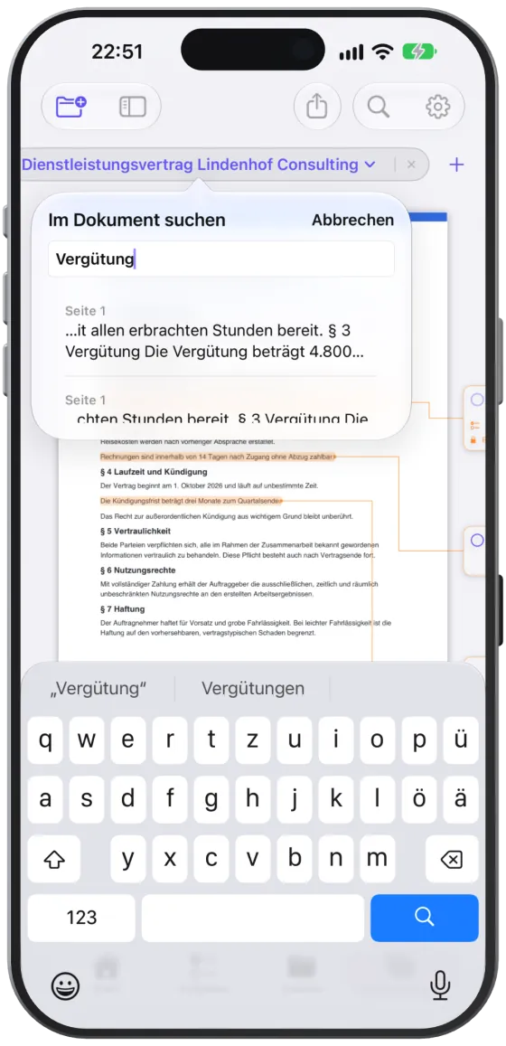 „Im Dokument suchen“ mit der Trefferliste und Seitenangaben.