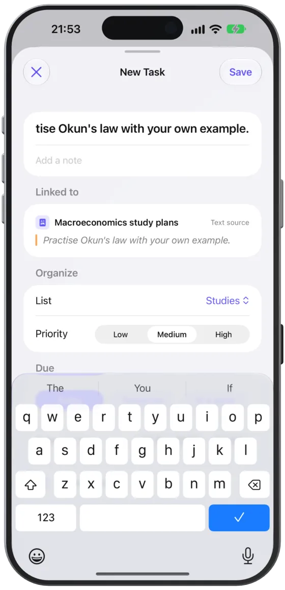 The task editor uses the selected text as the title and shows the passage under “Linked to”.