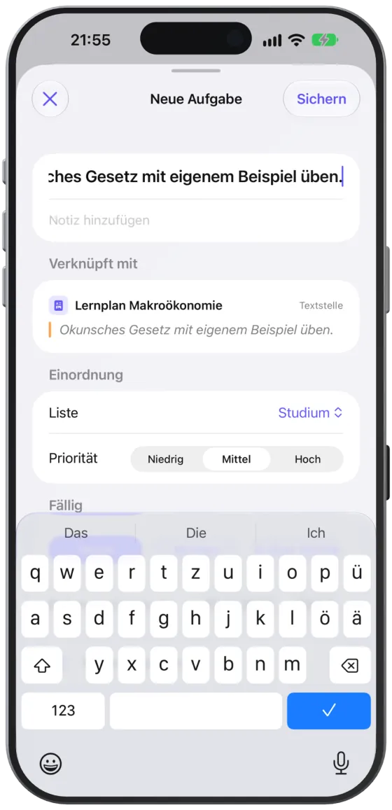 Der Aufgabeneditor übernimmt den markierten Text als Titel und zeigt unter „Verknüpft mit“ die Textstelle.