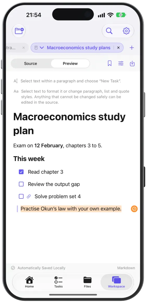 The passage has an orange background; the task appears as a card in the margin, on iPhone as an orange circle.