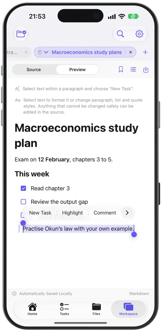 A selected sentence in the preview with “New Task” in the selection menu.