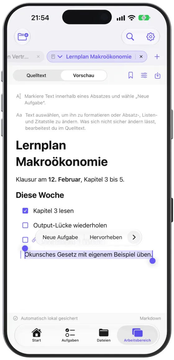 Markierter Satz in der Vorschau mit „Neue Aufgabe“ im Auswahlmenü.