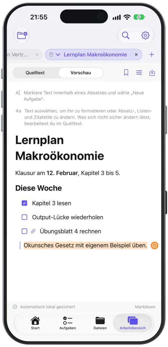 Die Textstelle ist orange hinterlegt; die Aufgabe steht als Karte am Rand, auf dem iPhone als orangefarbener Kreis.