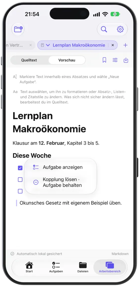 Eine gekoppelte Checkbox trägt ein Link-Symbol; sein Menü zeigt die Aufgabe oder löst die Kopplung.