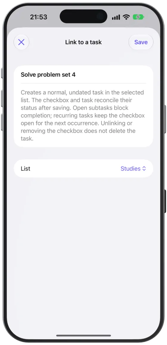 When linking, you choose the list for the new task.