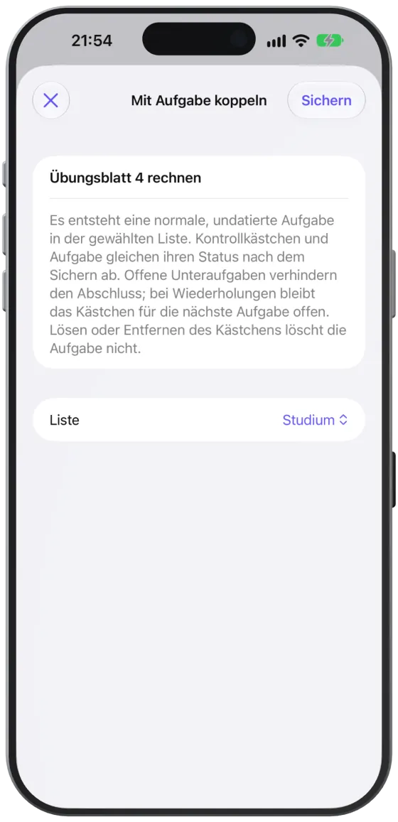 Beim Koppeln wählst du die Liste der neuen Aufgabe.